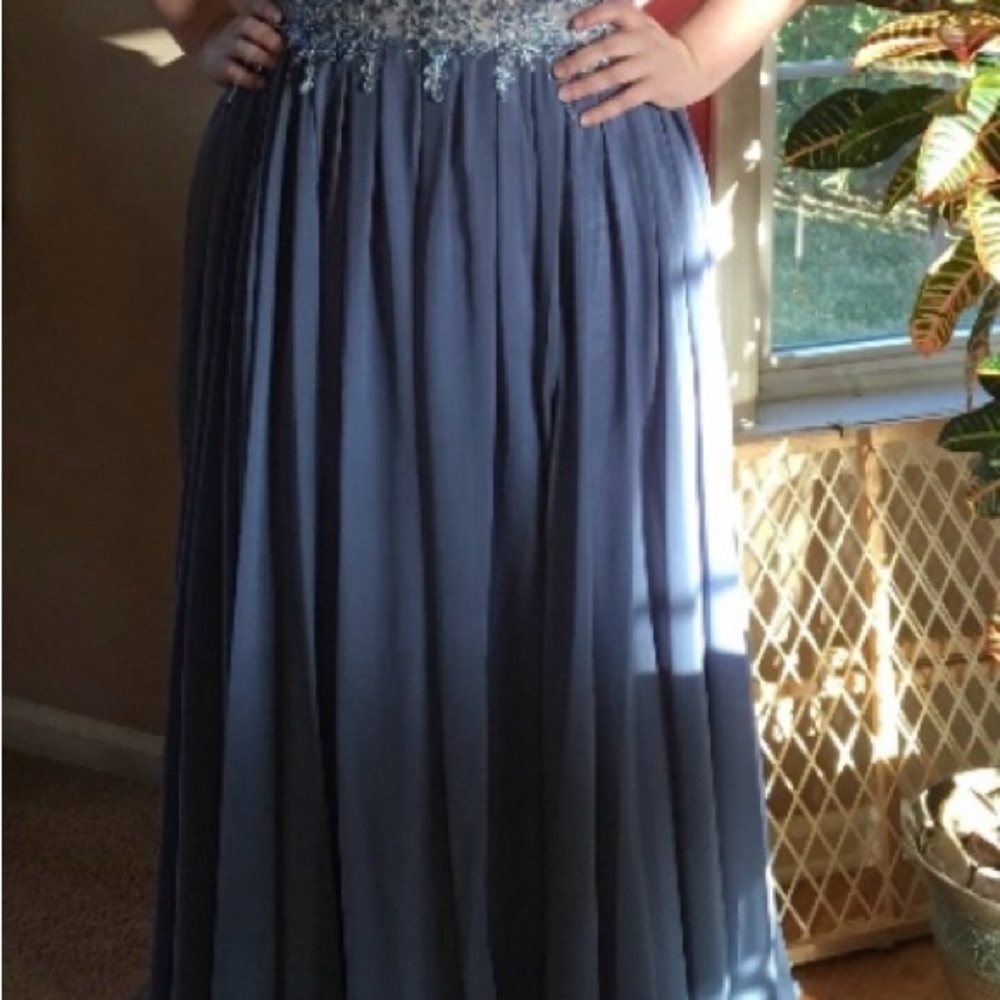 Elegant Periwinkle-Blue Gown with Silver Embellishments